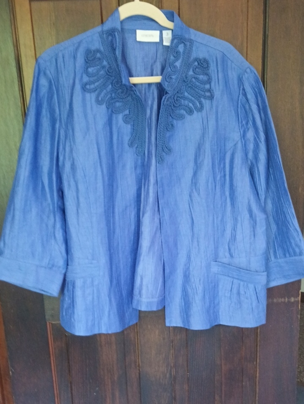 Chico's Blue Embroidered Open-Front Jacket